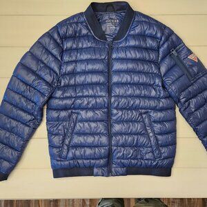 Guess Lightweight Navy Nylon Puffer Jacket -- Large